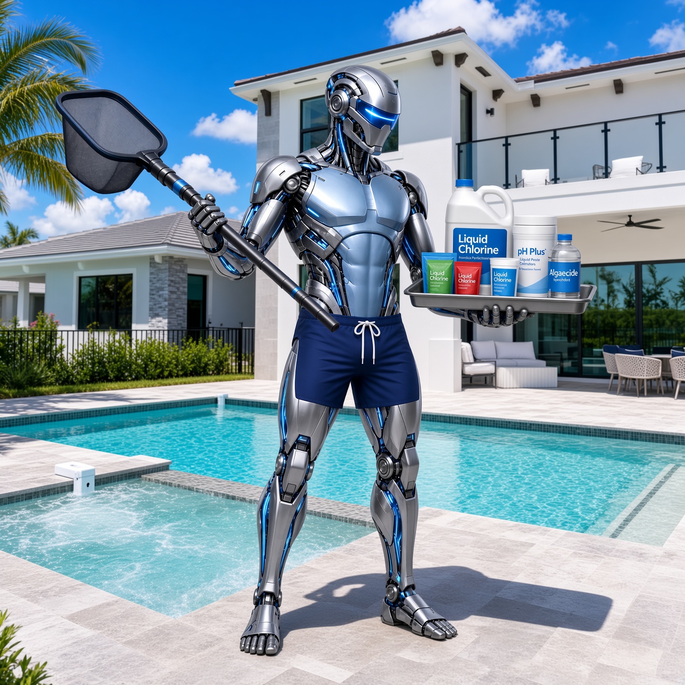 A pool service robot at a residential backyard pool, holding a skimmer net and chemical tray
