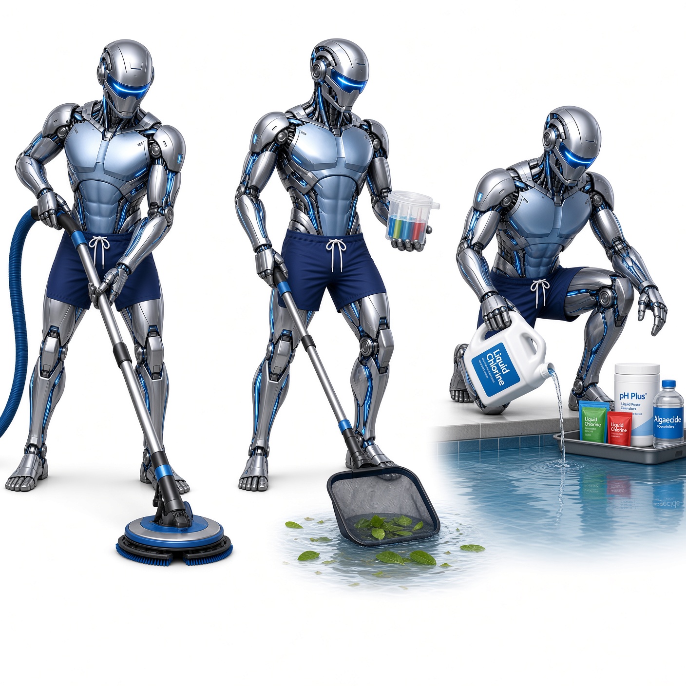 Our automation, illustrated: vacuuming, testing water, and dosing chemicals
