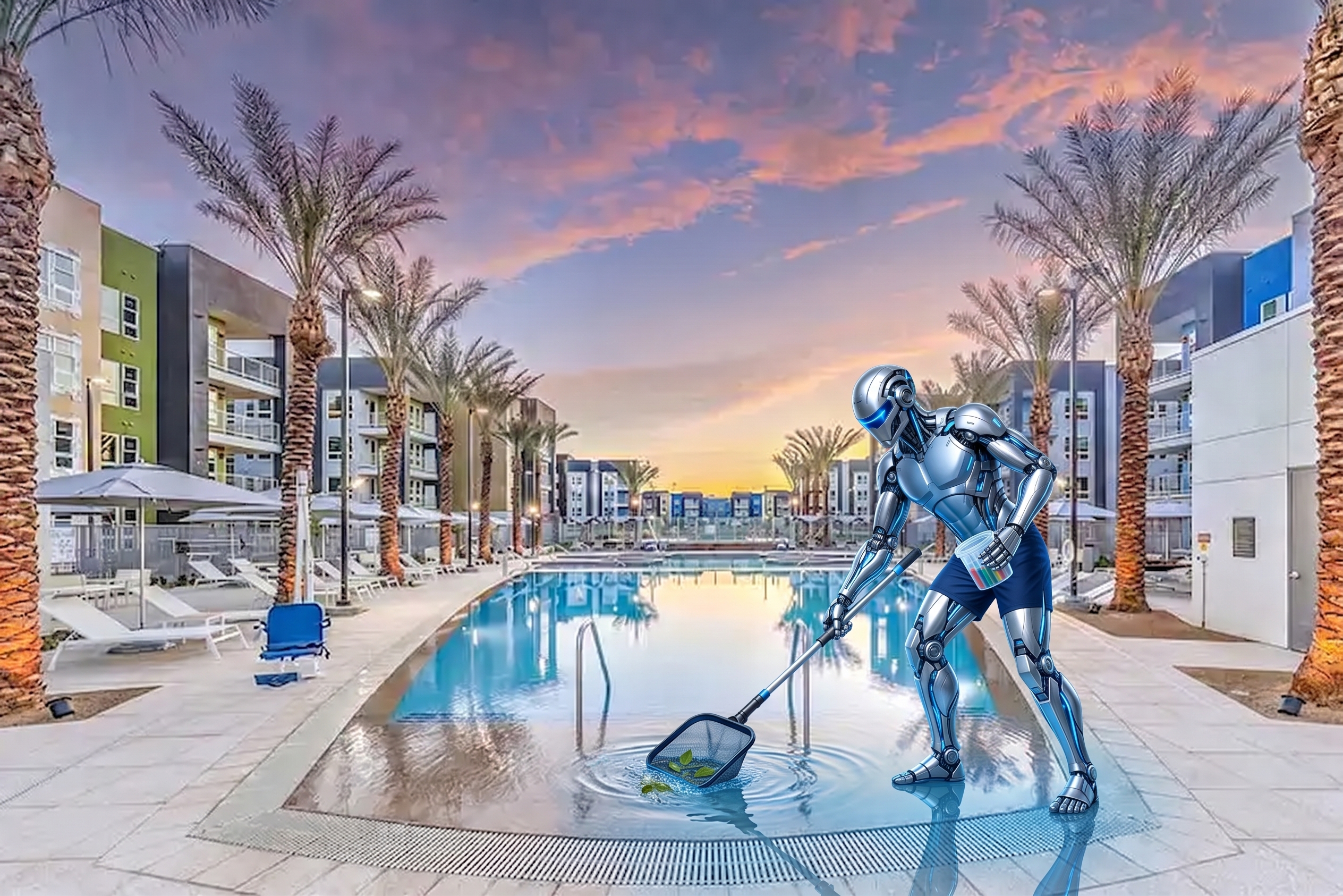 An AI-powered pool service robot skimming a resort pool at sunset